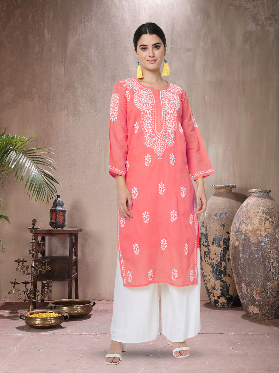 Hand Embroidered Chikankari Cotton Straight Kurta-AL3561 Coral
