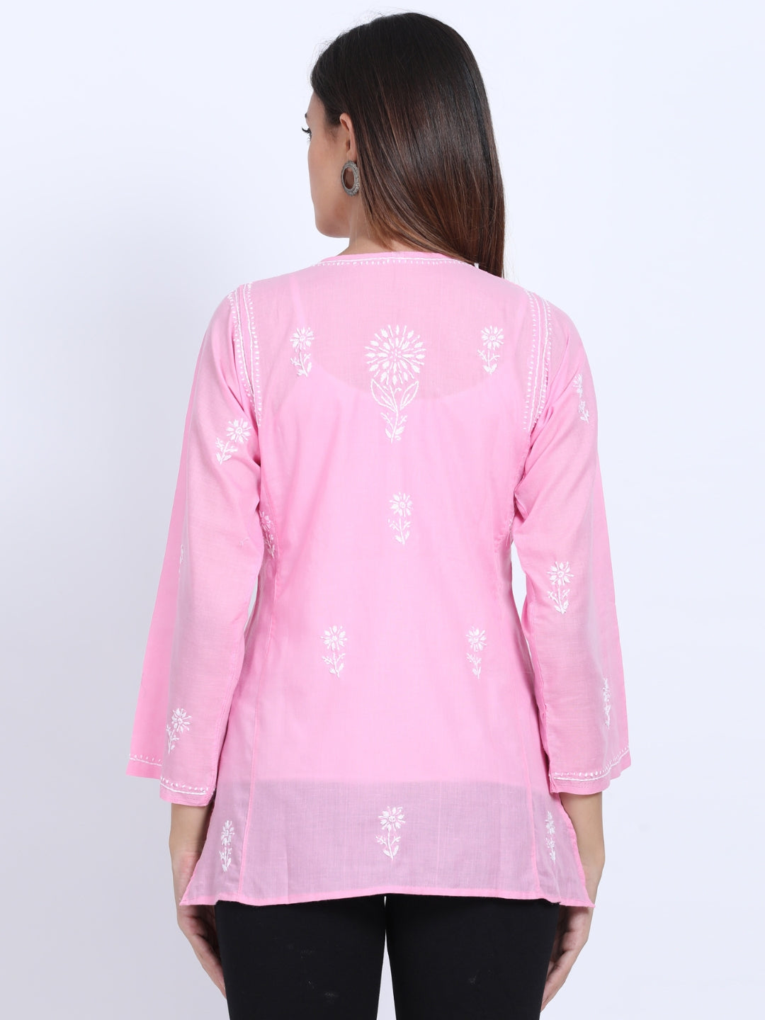 Women Hand Embroidered Chikankari Cotton Kurti-ALSTV115 Pink