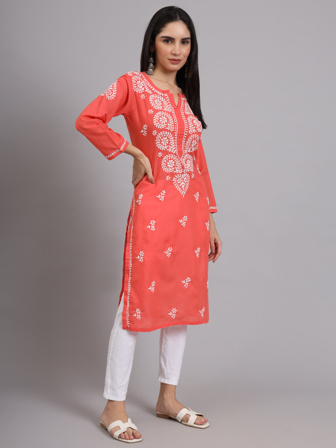 Hand Embroidered Chikankari Cotton Straight Kurta-AL3997 Coral