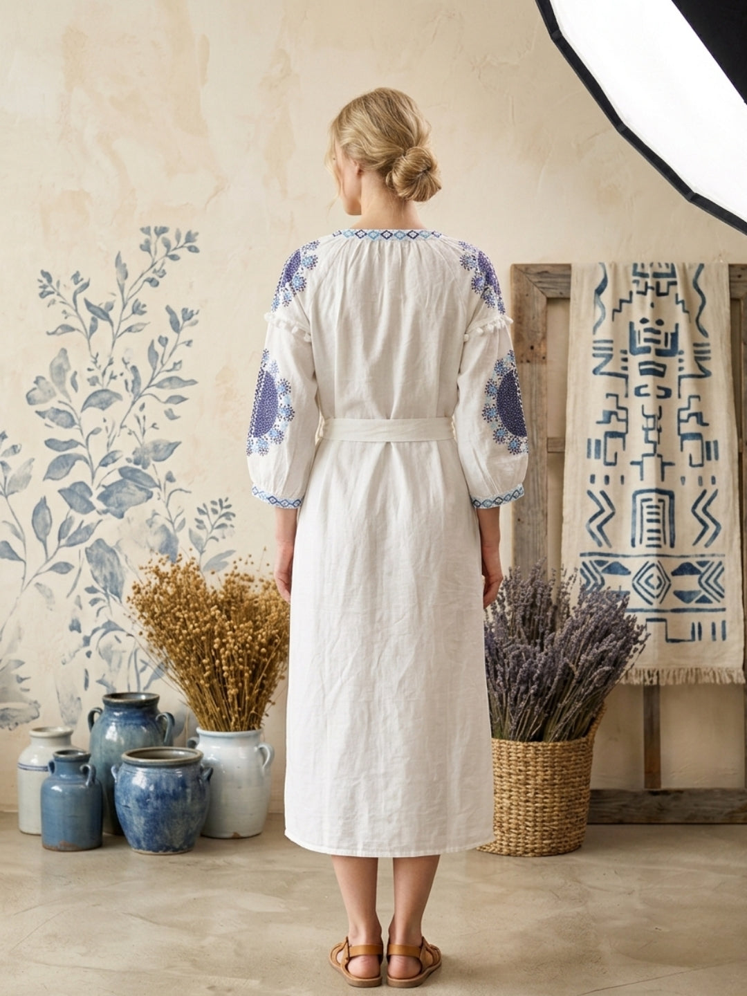 Women Embroidered With Belt Cotton Rayon Dress -AL3722