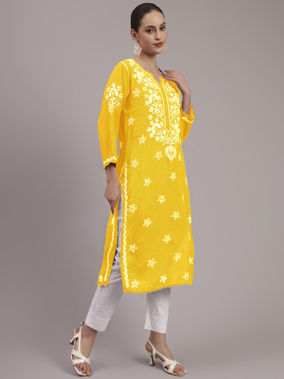 Women Hand Embroidered Chikankari Modal Kurta-AL4059 Dark Yellow