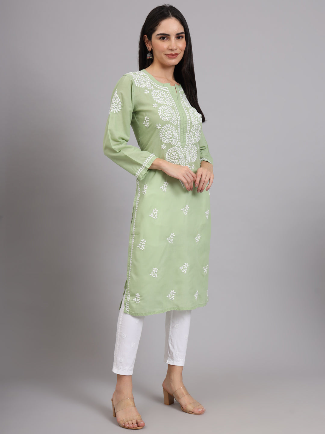 Hand Embroidered Chikankari Cotton Straight Kurta-AL3997 Green