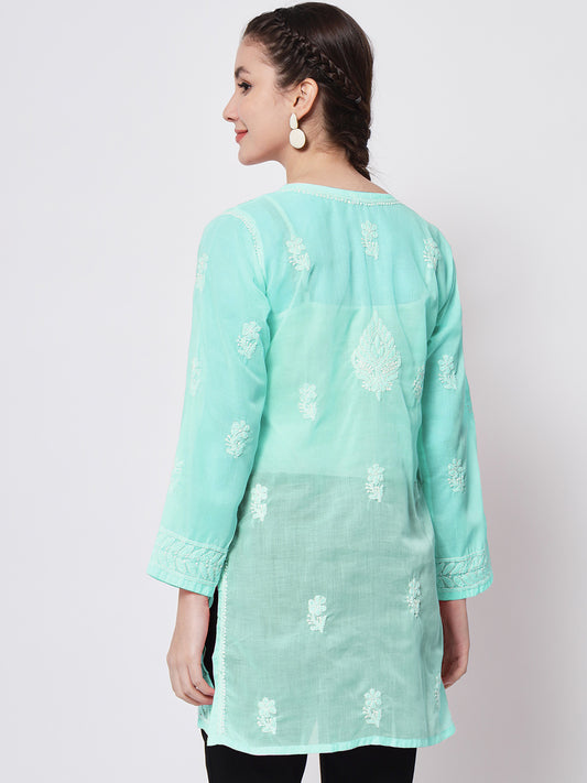 Hand Embroidered Chikankari Cotton Straight Kurti-AL3595 Darkseagreen