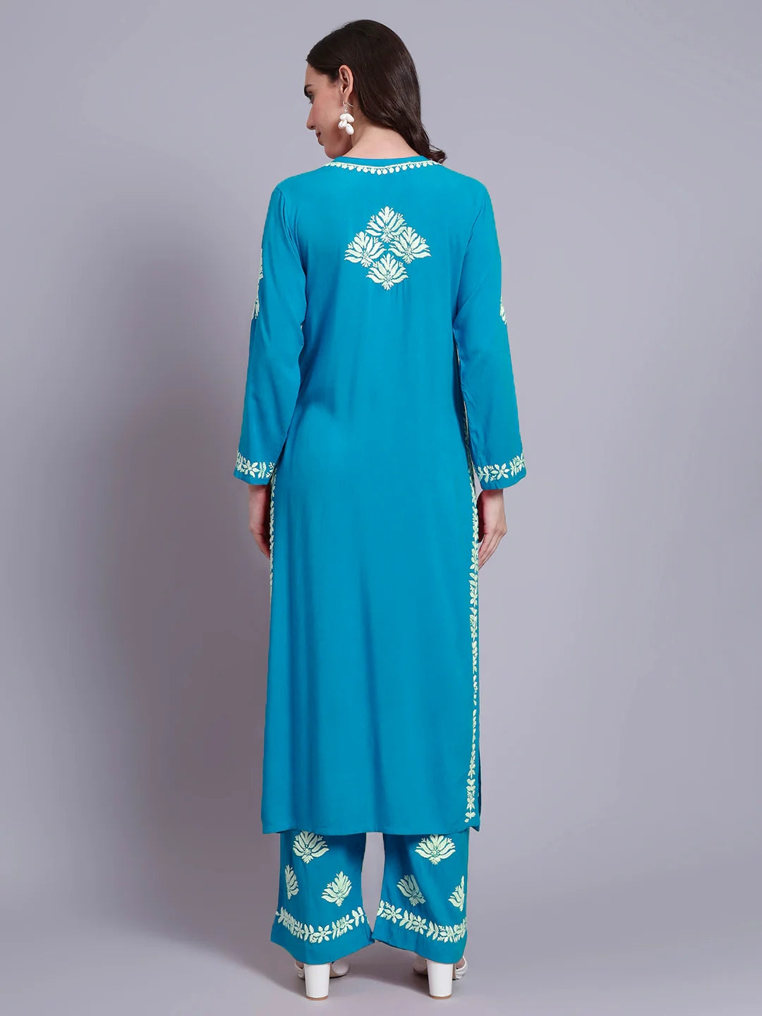 Women Hand Embroidered Chikankari Rayon Kurta Set-AL4084KS Teal