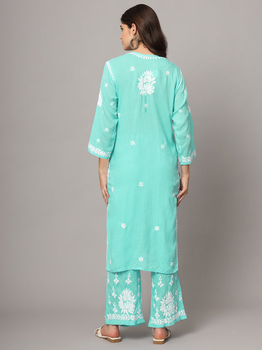 Women Hand Embroidered Chikankari Modal Kurta set-AL4049KS Seagreen