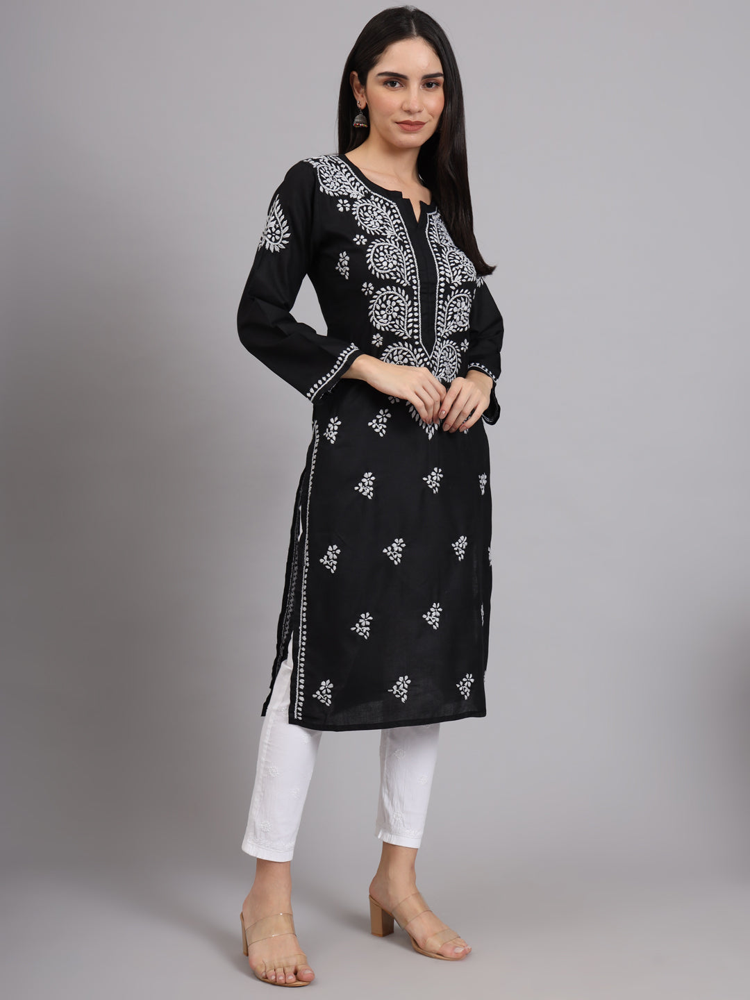 Hand Embroidered Chikankari Cotton Straight Kurta-AL3997 Black