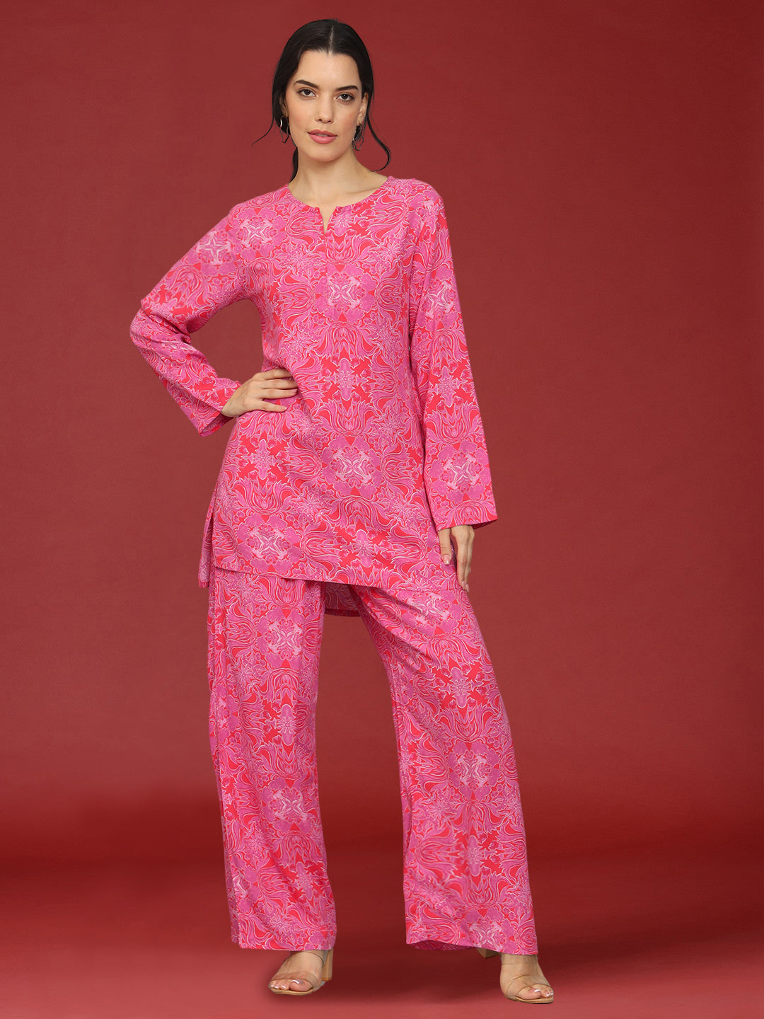 Printed Rayon Co-Ord Set for Women-AL4000 Pink