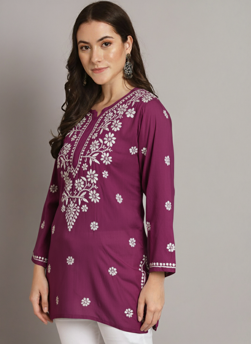Women Hand Embroidered Modal Chikankari Kurti-AL3611 Burgundy
