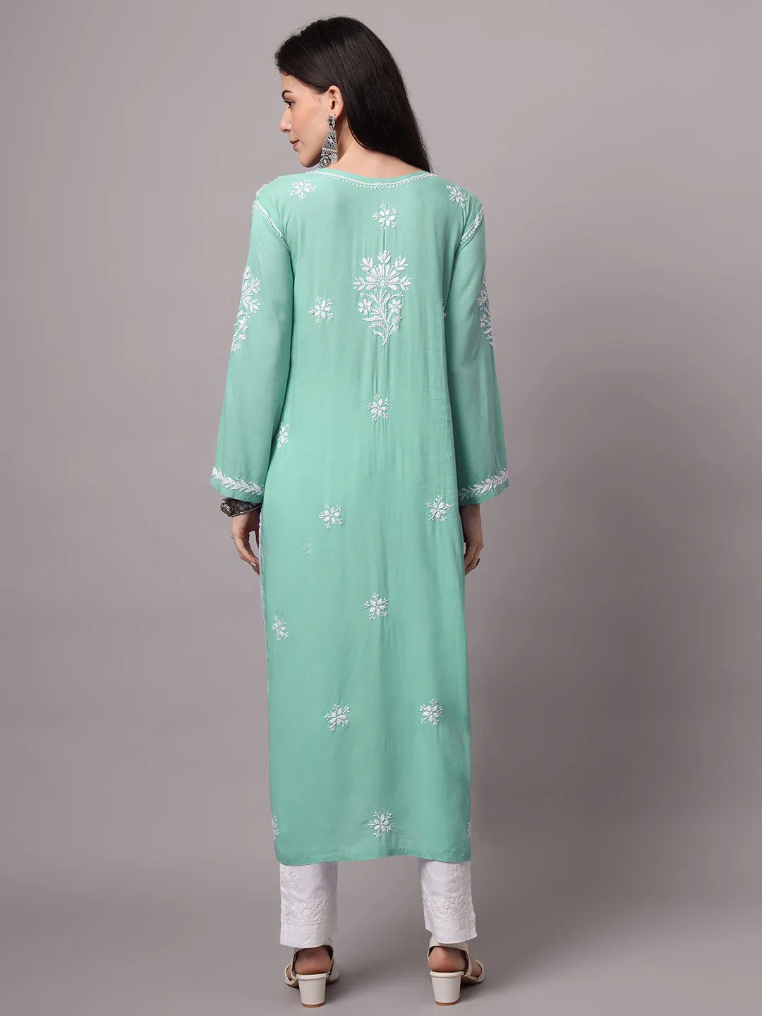 Women Hand Embroidered Chikankari Modal Kurta-AL4059 Sea Green
