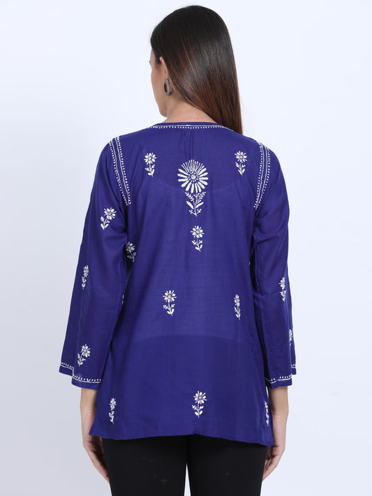 Women Hand Embroidered Chikankari Cotton Kurti-ALSTV115 Darkblue