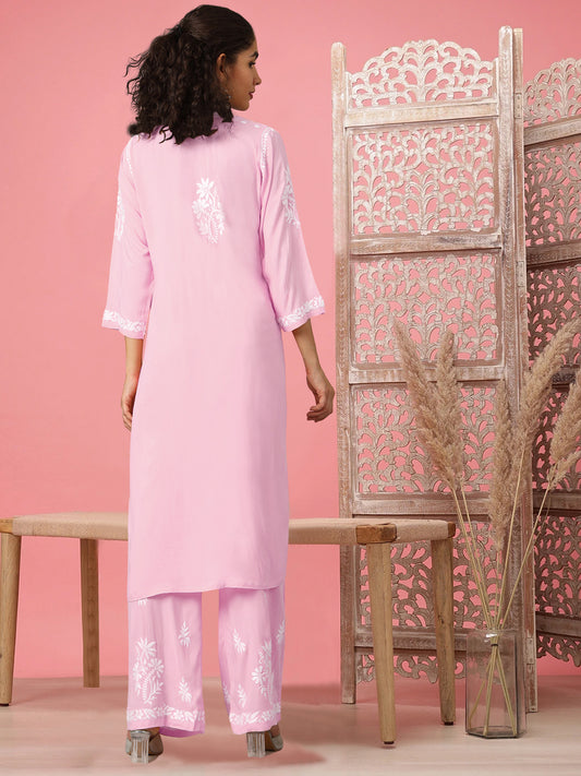 Women Hand Embroidered Chikankari Modal Kurta Set-AL3600KS Pink