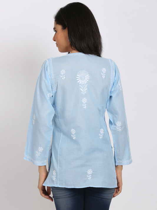 Women Hand Embroidered Chikankari Cotton Kurti-ALSTV115 Denimblue