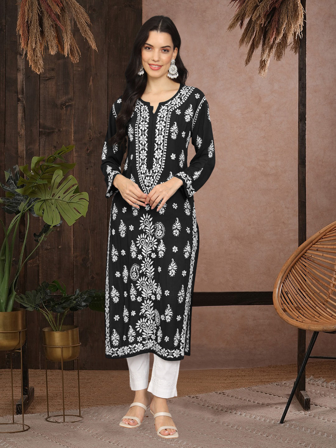 Women Chikankari Hand Embroidered Modal Kurta -AL4042 Black