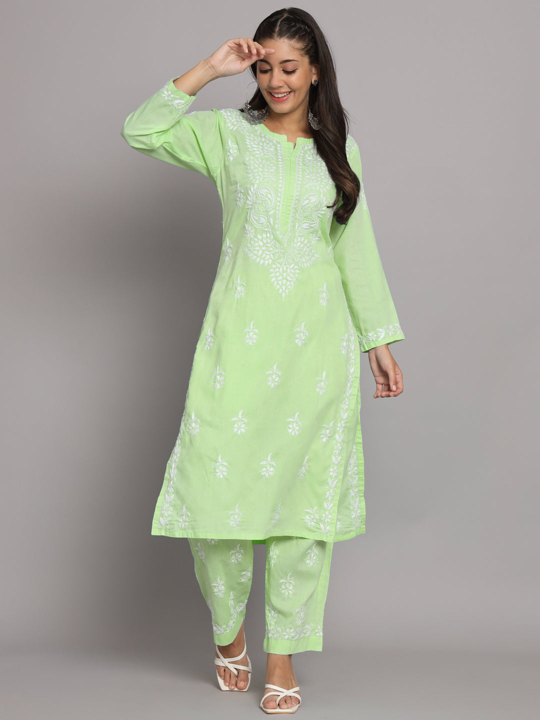 Women Hand Embroidered Chikankari Cotton Kurta Set-AL3674KS Green
