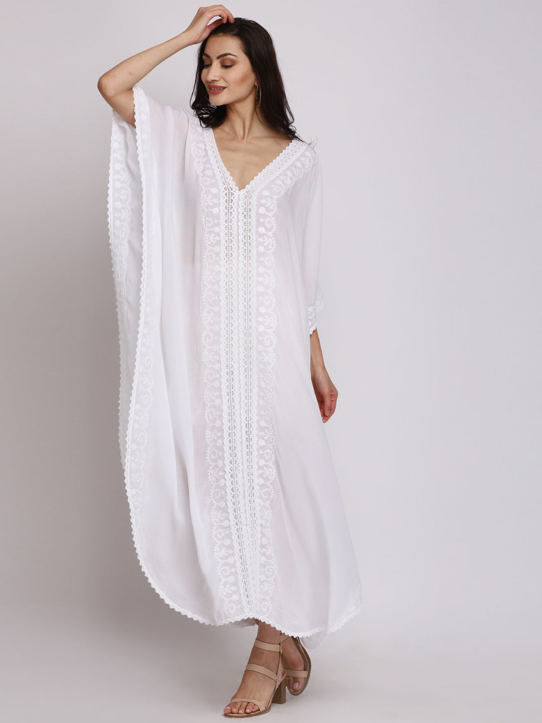 Hand Embroidered Chikankari Cotton Kaftan-AL2556