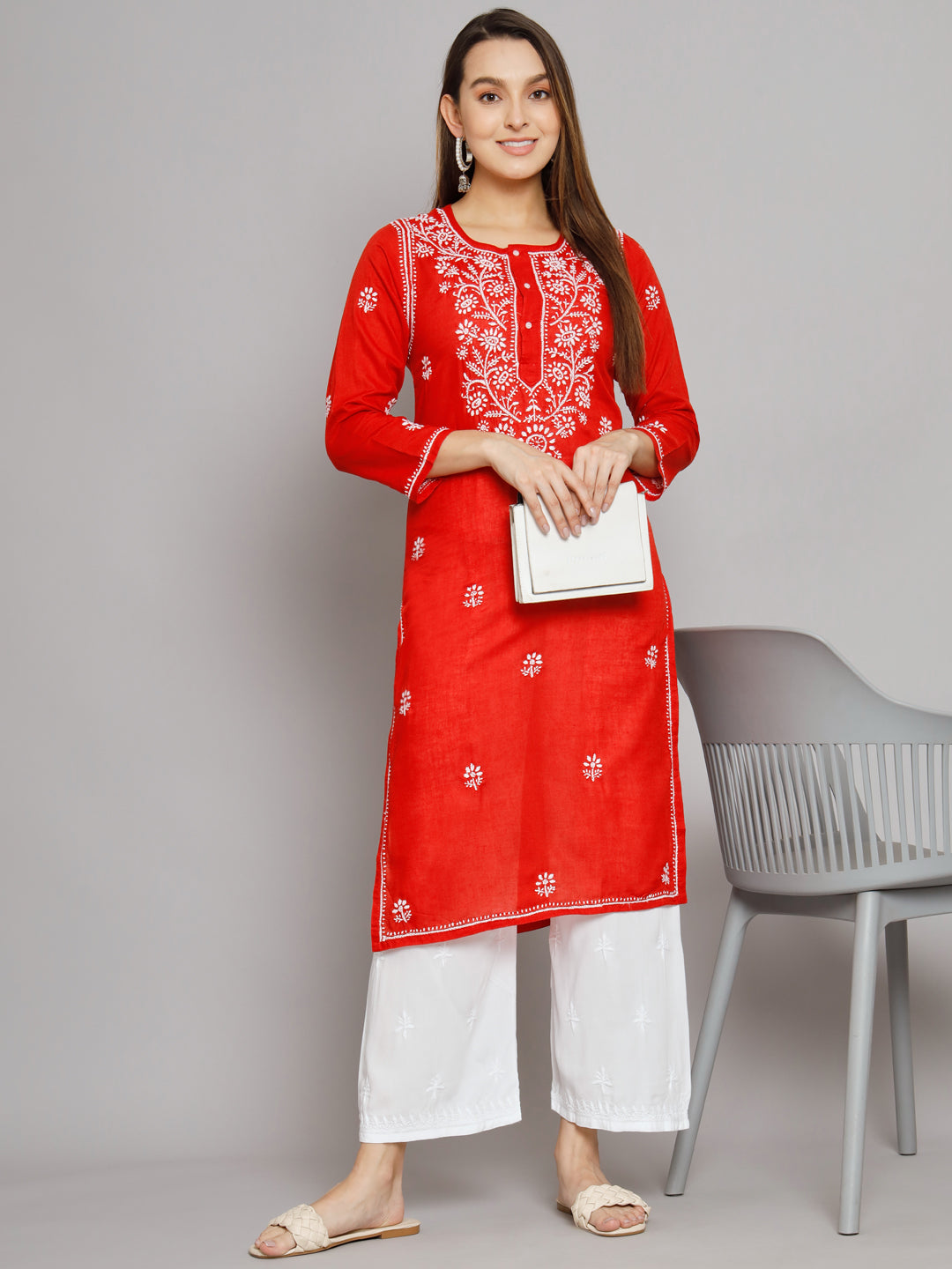 Hand Embroidered Chikankari Cotton Straight Kurta -ALNTV115 Red