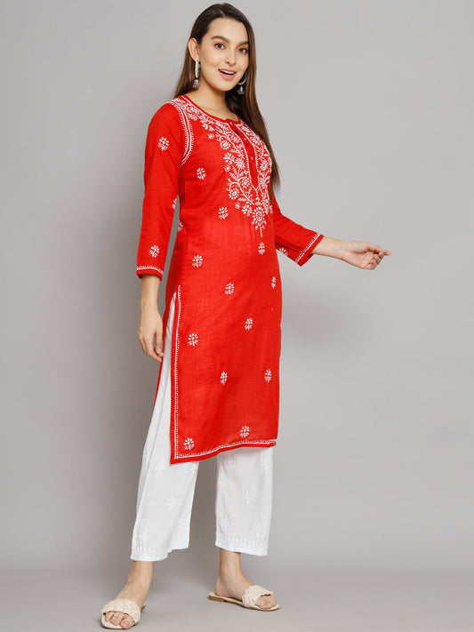 Hand Embroidered Chikankari Cotton Straight Kurta -ALNTV115 Red