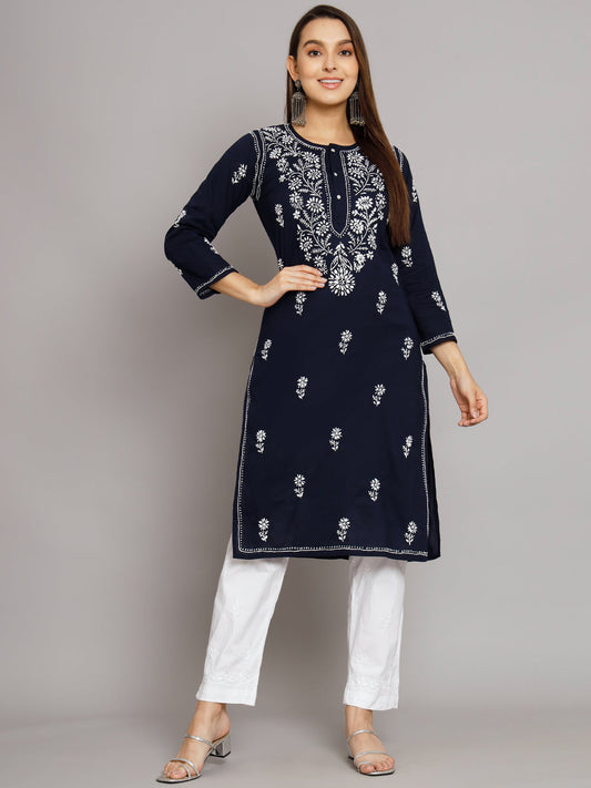 Hand Embroidered Chikankari Cotton Straight Kurta -ALNTV115 Navy
