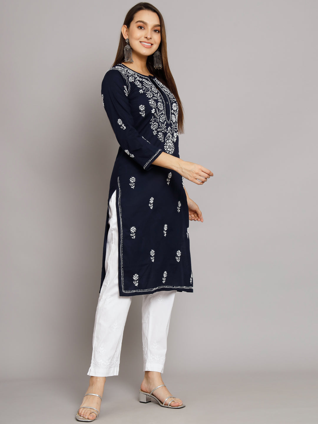 Hand Embroidered Chikankari Cotton Straight Kurta -ALNTV115 Navy