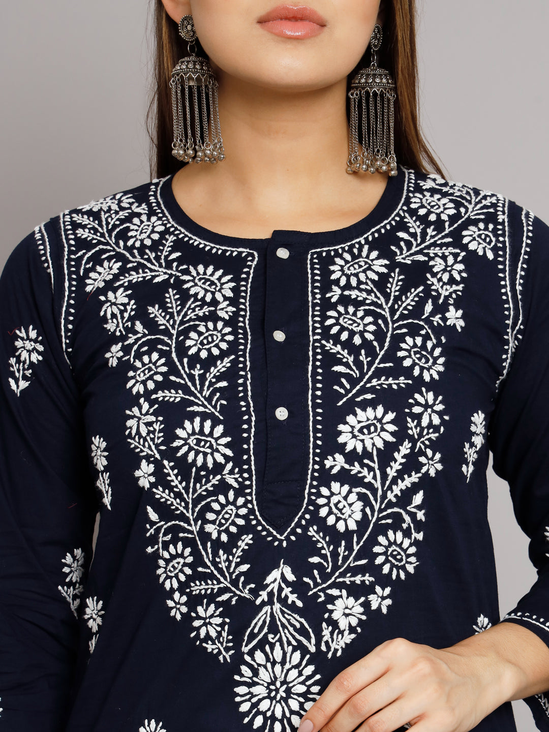 Hand Embroidered Chikankari Cotton Straight Kurta -ALNTV115 Navy