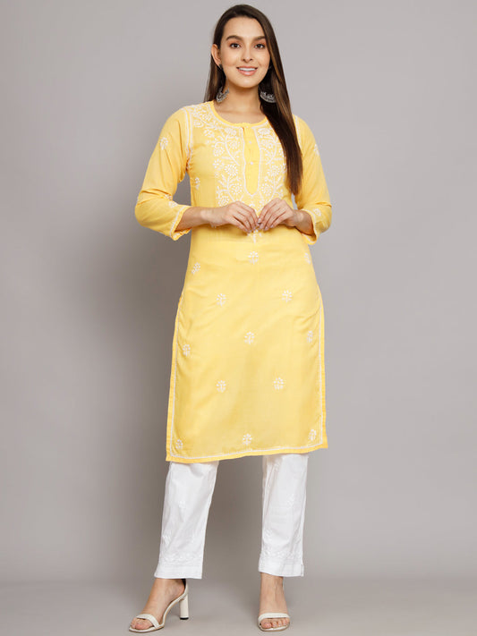 Hand Embroidered Chikankari Cotton Straight Kurta -ALNTV115 Yellow