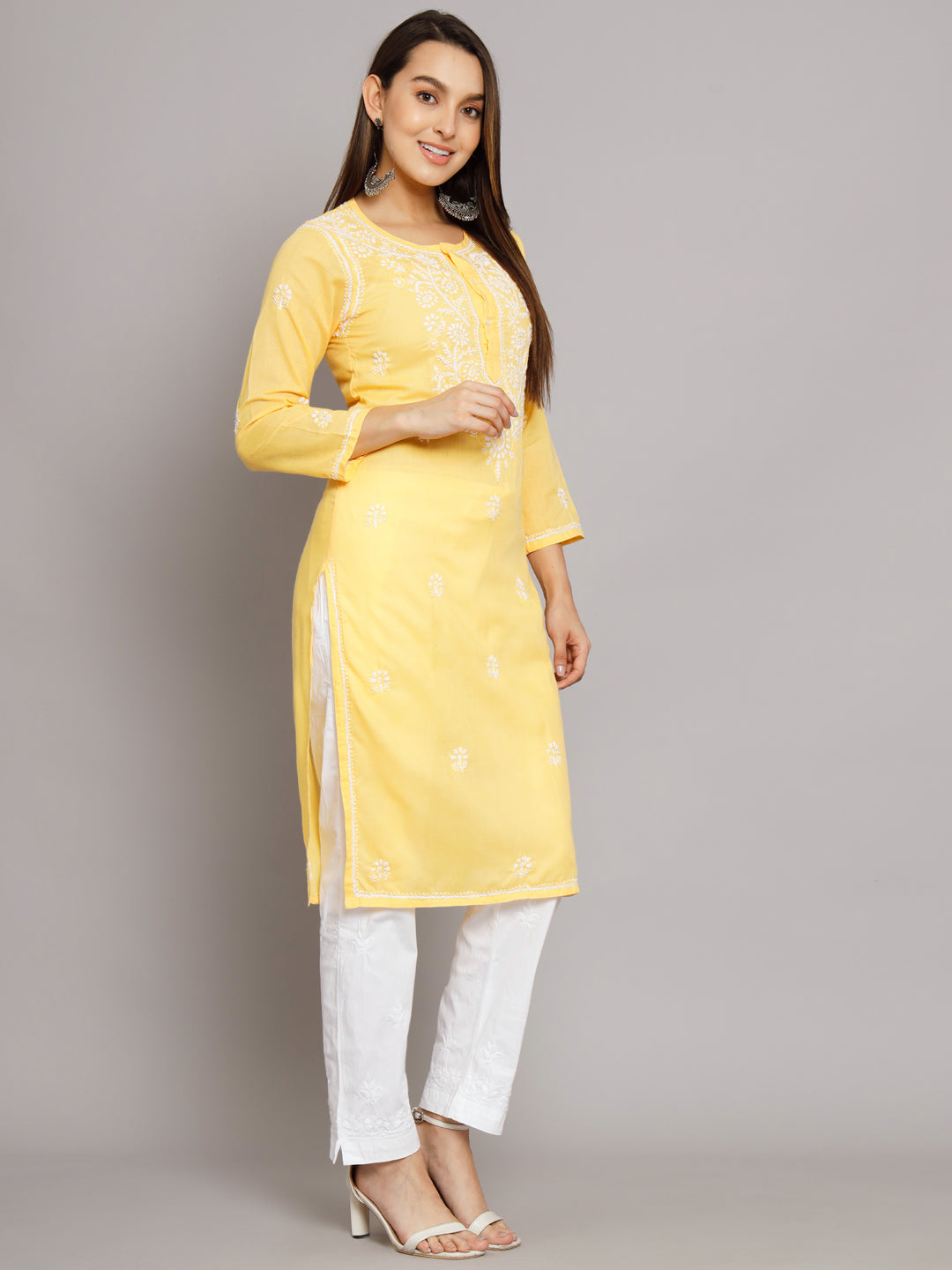 Hand Embroidered Chikankari Cotton Straight Kurta -ALNTV115 Yellow