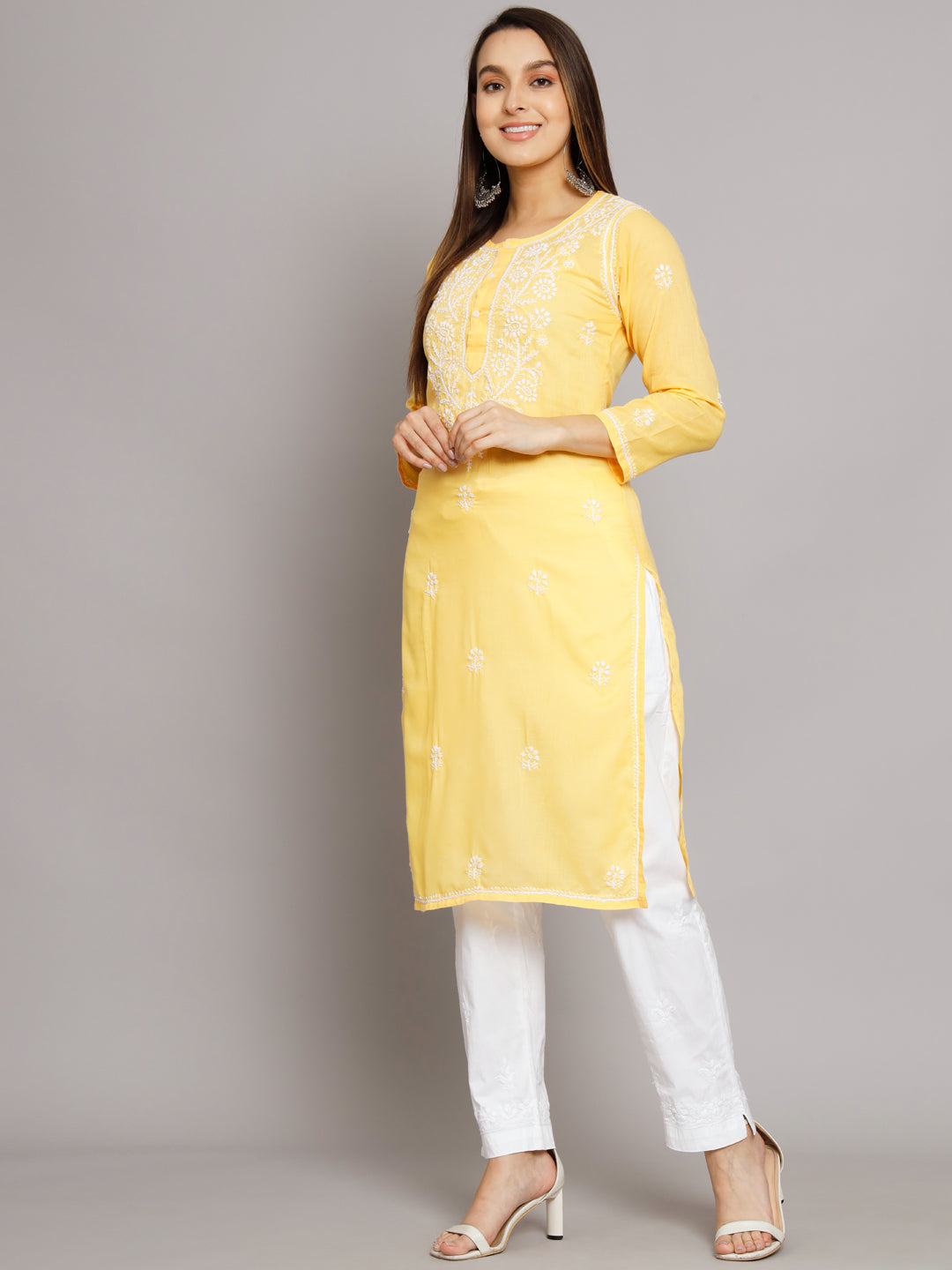 Hand Embroidered Chikankari Cotton Straight Kurta -ALNTV115 Yellow