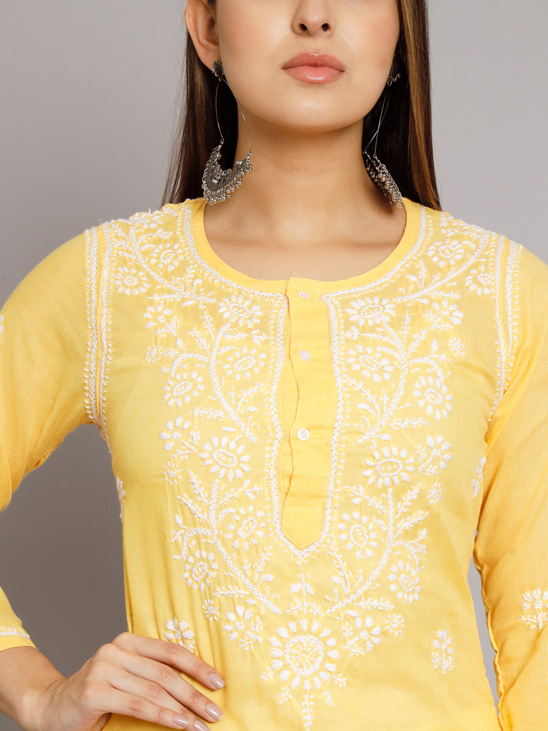 Hand Embroidered Chikankari Cotton Straight Kurta -ALNTV115 Yellow