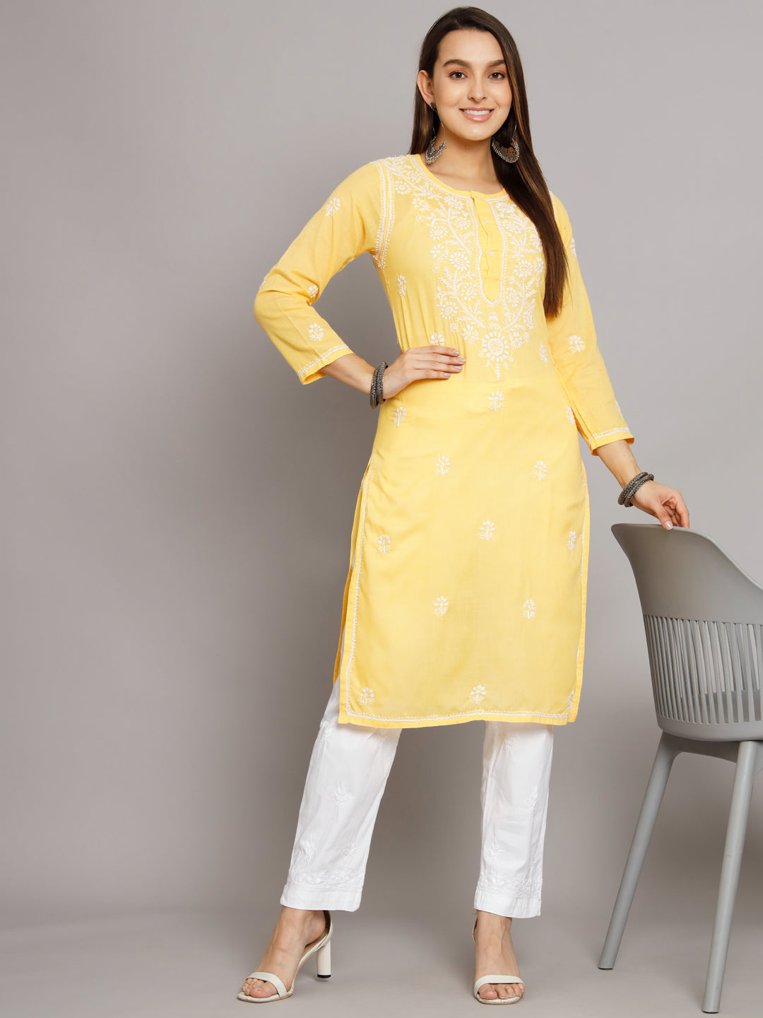 Hand Embroidered Chikankari Cotton Straight Kurta -ALNTV115 Yellow