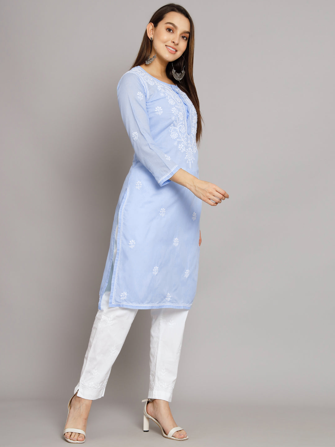 Hand Embroidered Chikankari Cotton Straight Kurta -ALNTV115 Denim