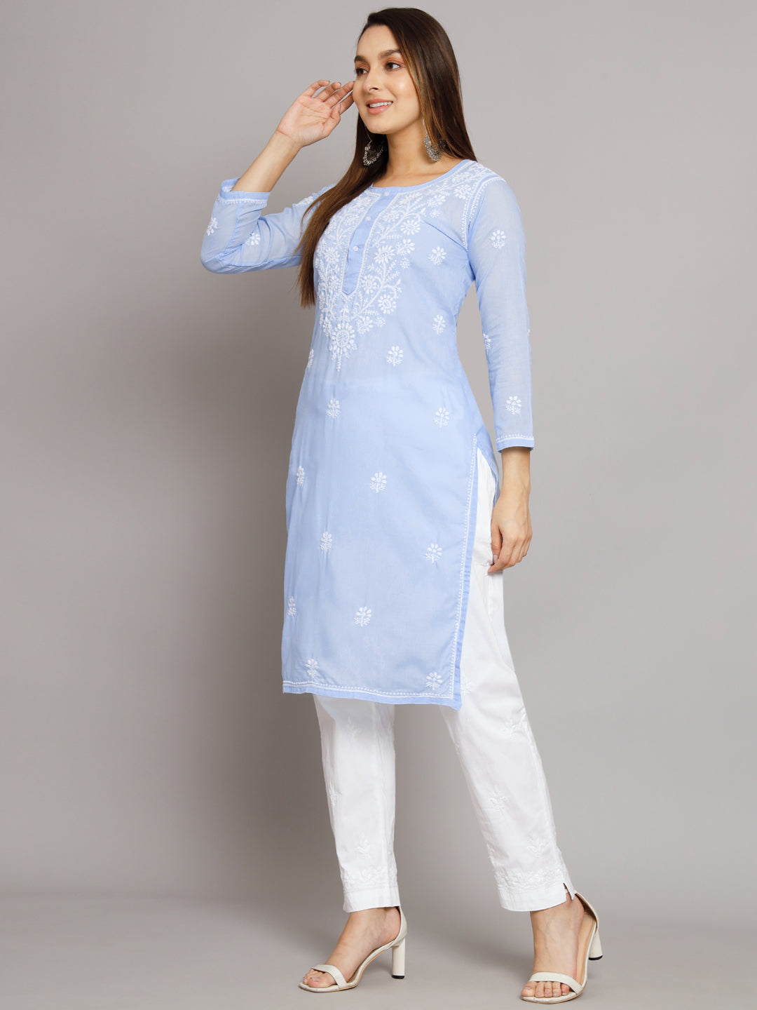 Hand Embroidered Chikankari Cotton Straight Kurta -ALNTV115 Denim