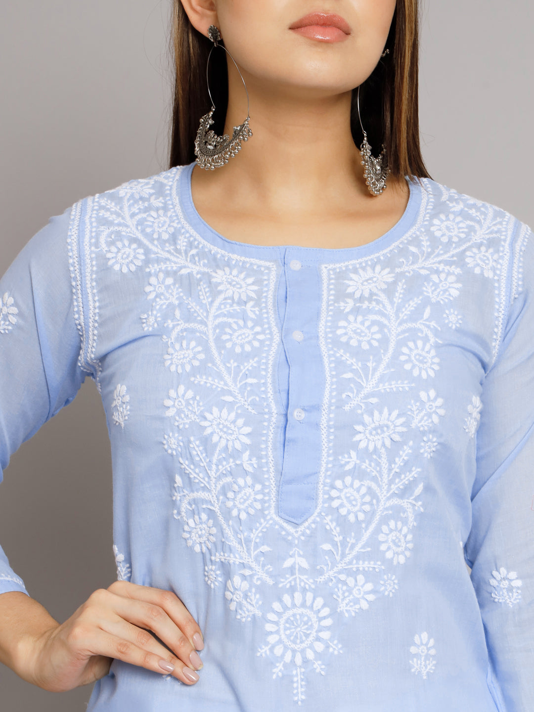 Hand Embroidered Chikankari Cotton Straight Kurta -ALNTV115 Denim