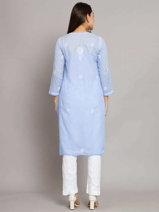 Hand Embroidered Chikankari Cotton Straight Kurta -ALNTV115 Denim