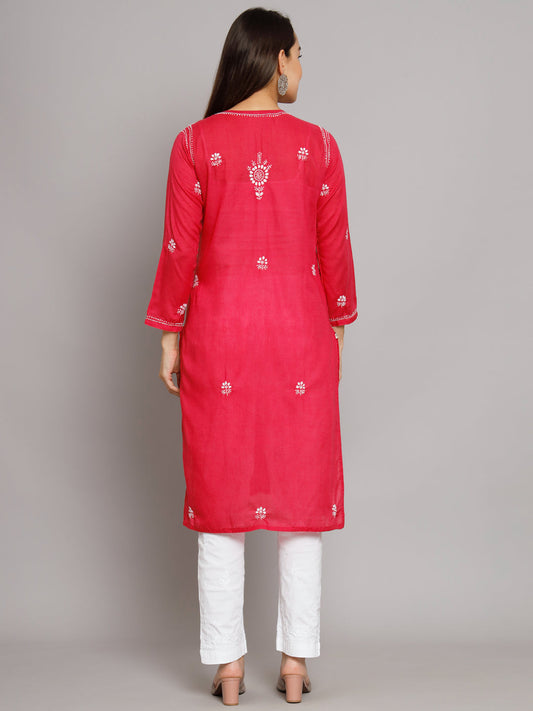 Hand Embroidered Chikankari Cotton Straight Kurta -ALNTV115 Hotpink