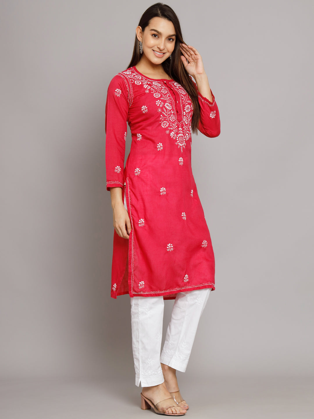 Hand Embroidered Chikankari Cotton Straight Kurta -ALNTV115 Hotpink