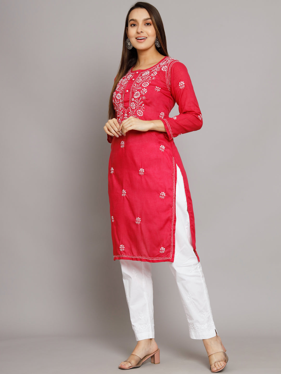 Hand Embroidered Chikankari Cotton Straight Kurta -ALNTV115 Hotpink