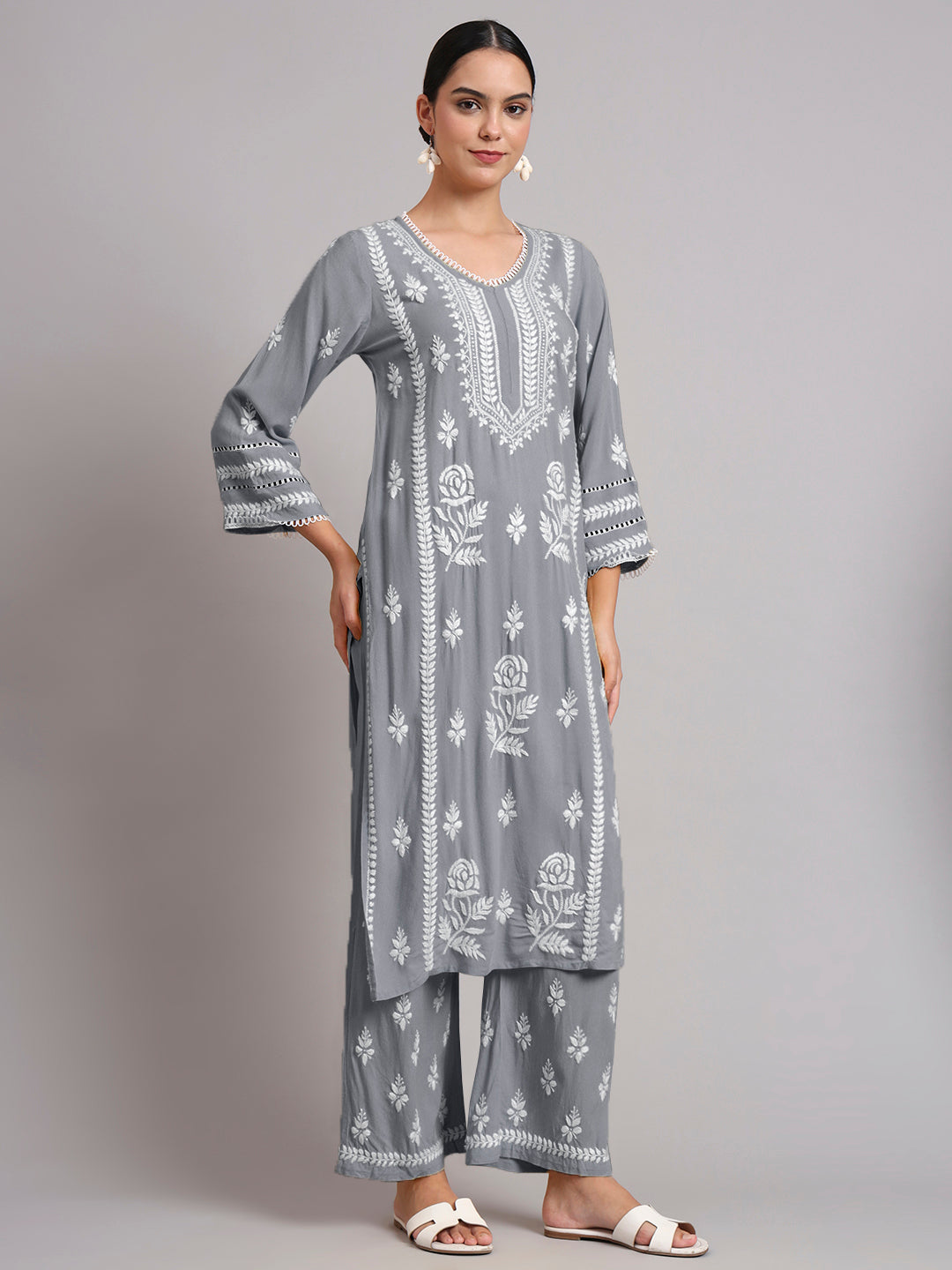 Women Hand Embroidered Lucknowi Chikankari Rayon Kurta Set-AL4078KS Grey