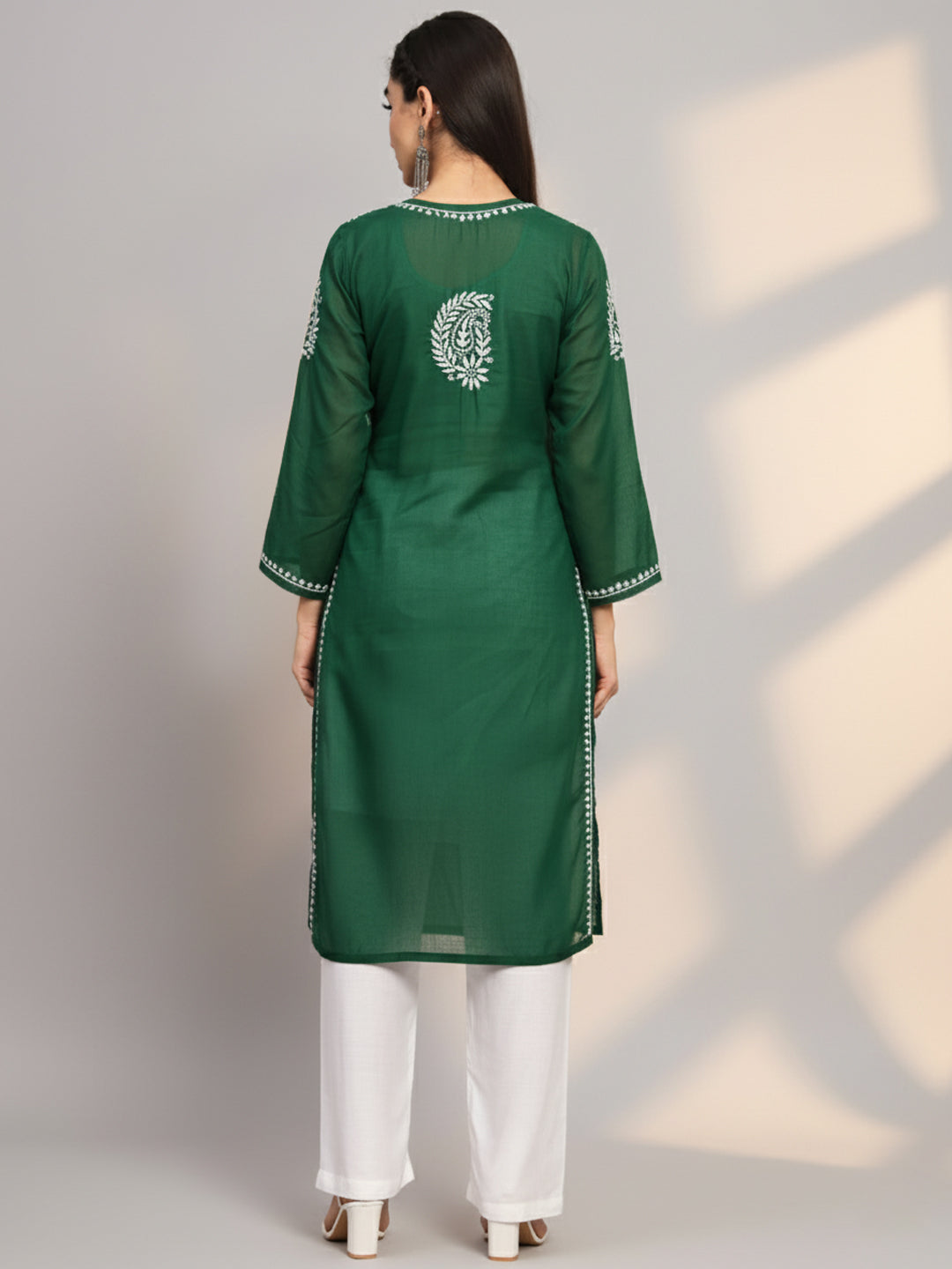 Hand Embroidered Chikankari Cotton Straight Kurta-AL3561 Bottlegreen