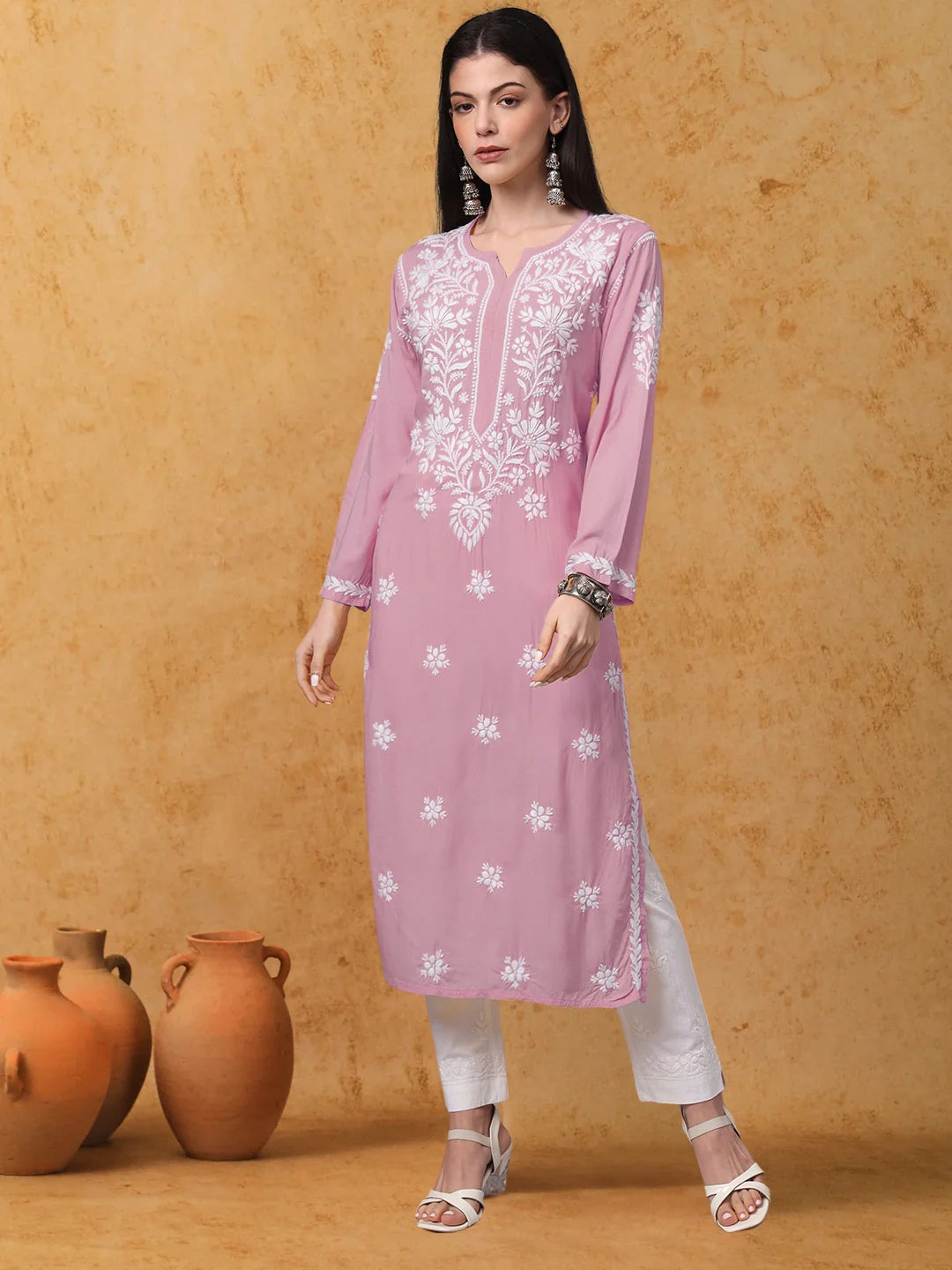 Women Hand Embroidered Modal Chikankari Kurta-AL4059 Peach