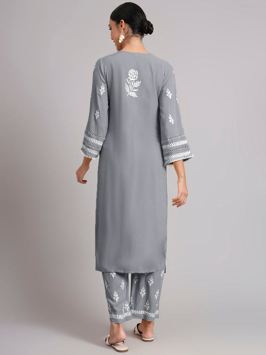 Women Hand Embroidered Lucknowi Chikankari Rayon Kurta Set-AL4078KS Grey