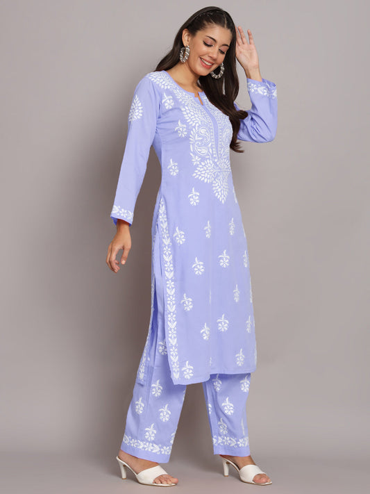 Women Hand Embroidered Chikankari Cotton Kurta Set-AL3674KS Mauve