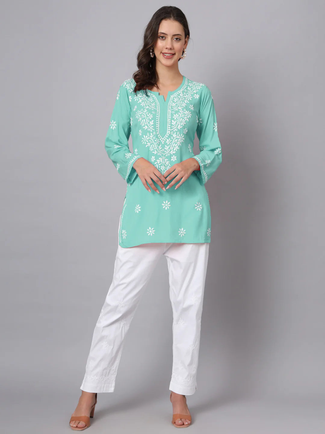 Women Hand Embroidered Chikankari Modal Kurti-AL3611 Seagreen