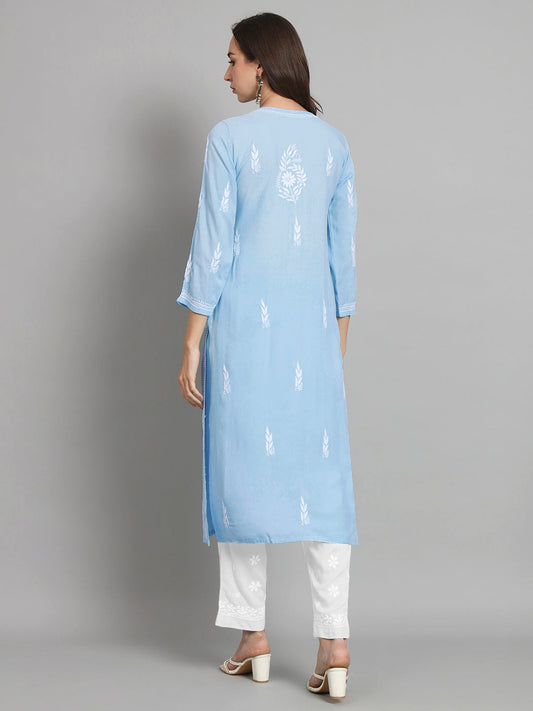 Hand Embroidered Chikankari Rayon Straight Kurta-AL3451 Denimblue
