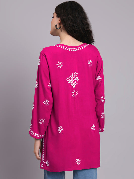 Women Hand Embroidered Chikankari Rayon Short Kurti-AL4071 Magenta
