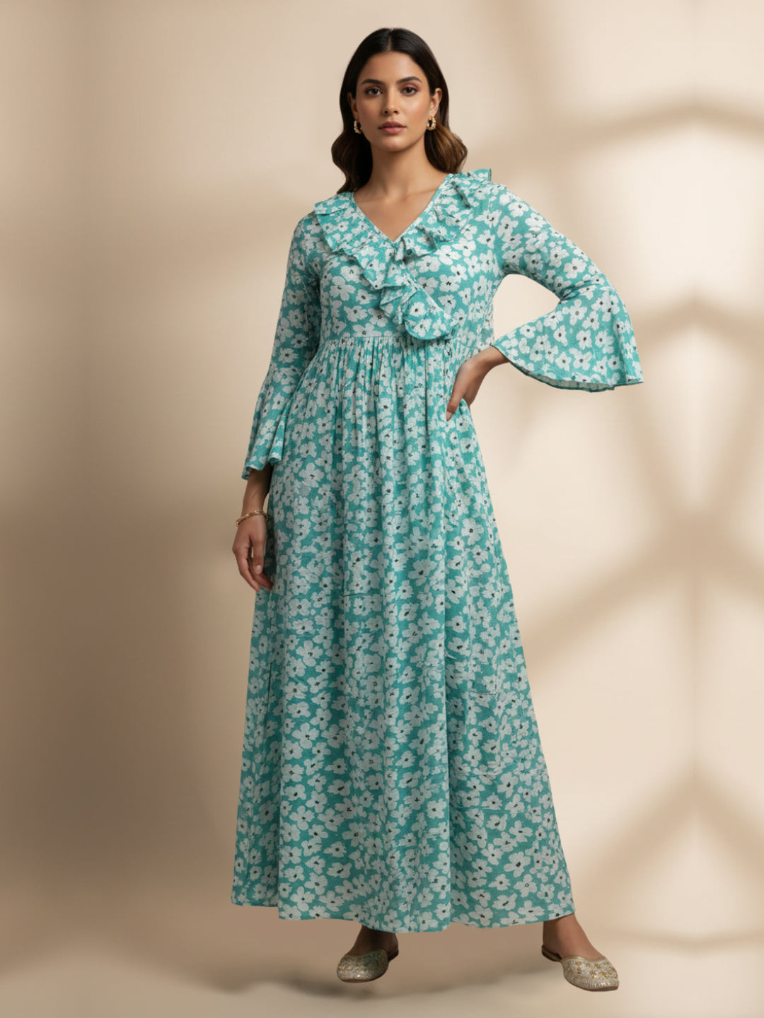 Women Printed Cotton Jalabiya-AL4008 Seagreen