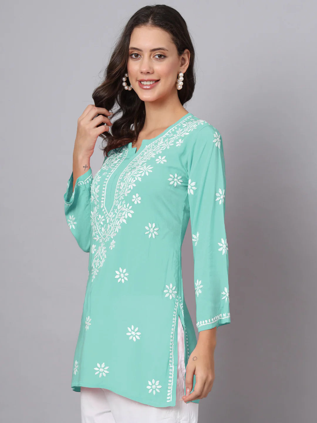 Women Hand Embroidered Chikankari Modal Kurti-AL3611 Seagreen