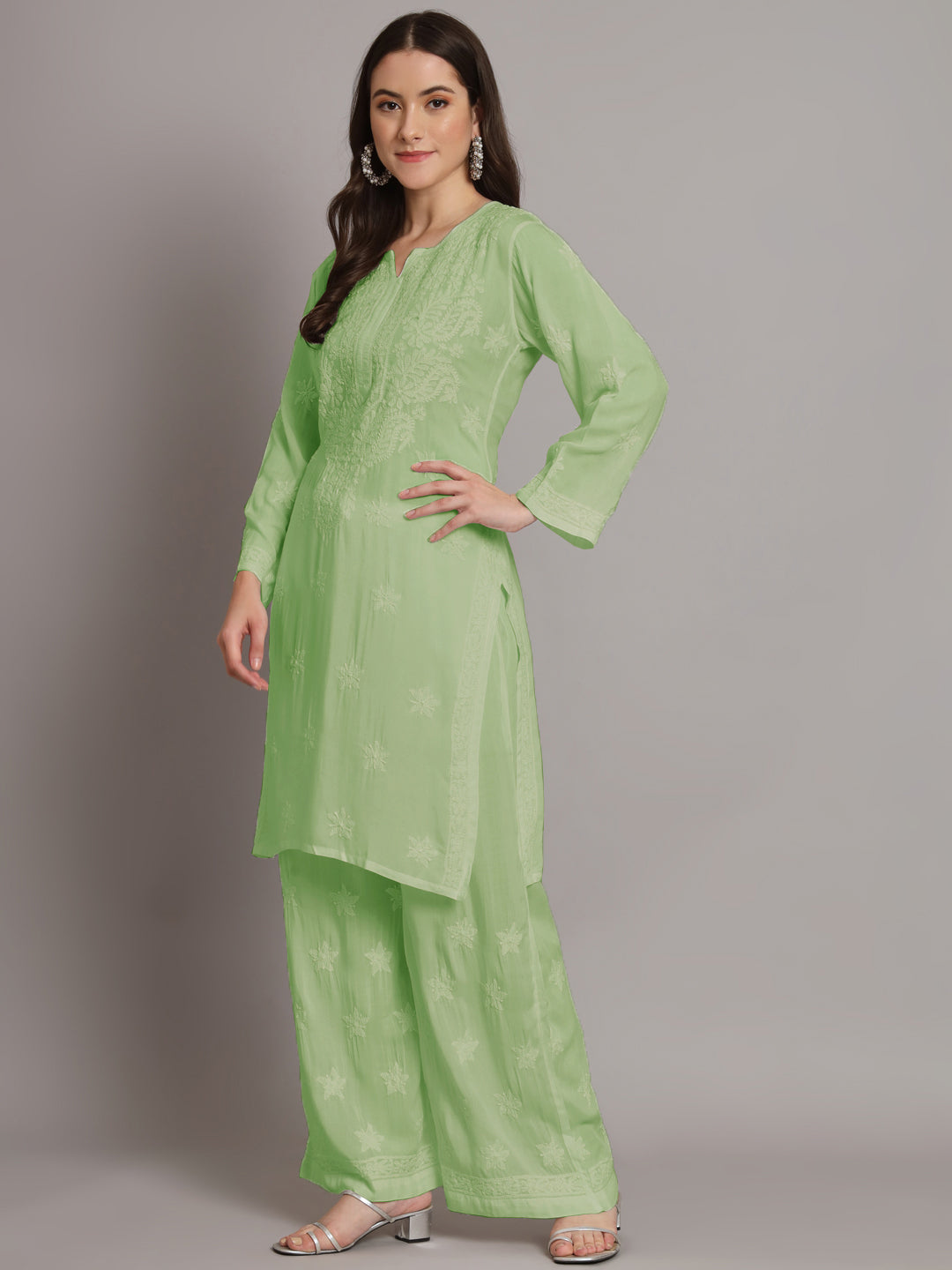 Hand Embroidered Chikankari Modal Kurta with Palazzo- AL3662KS Green