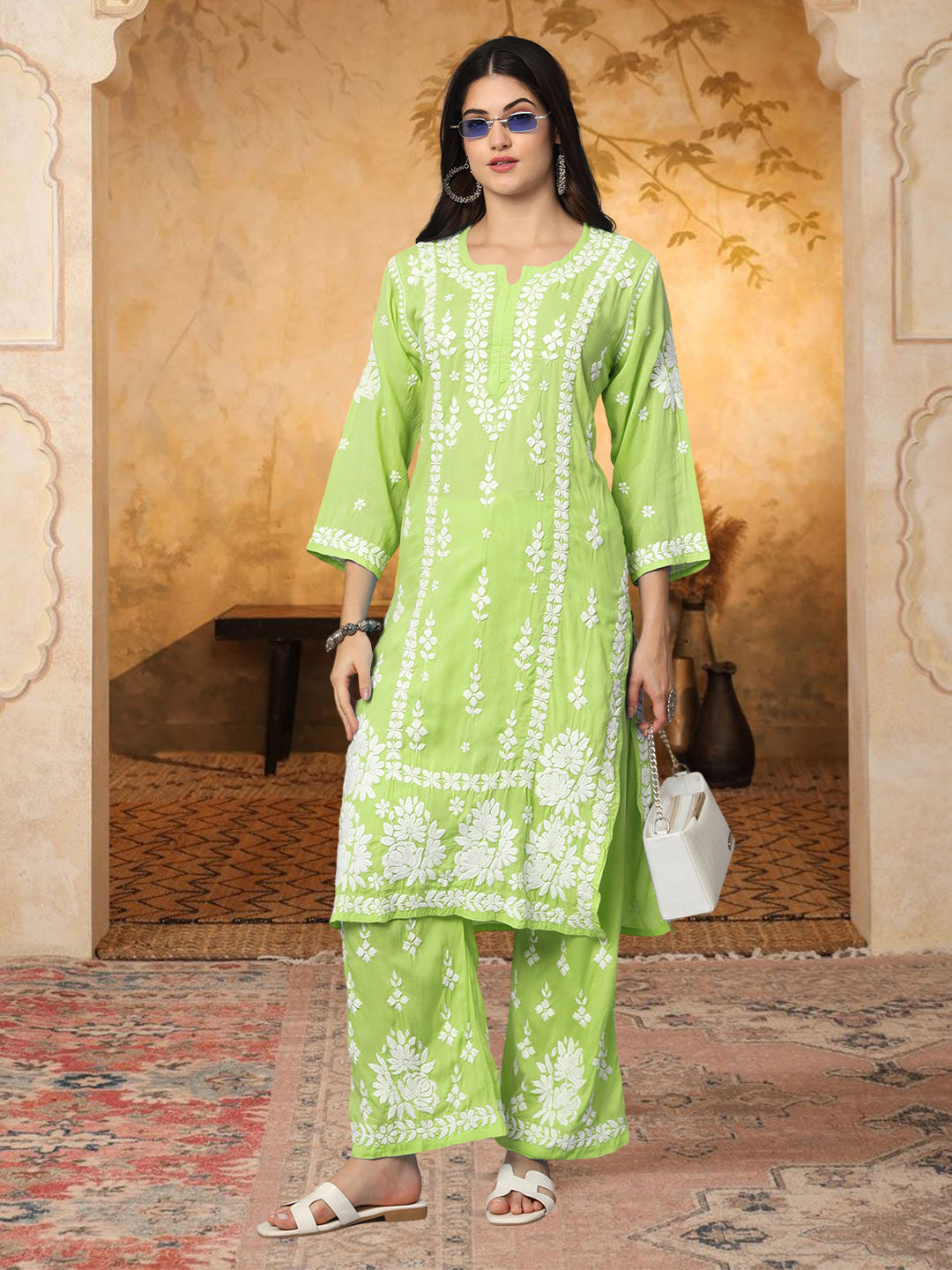Women Hand Embroidered Chikankari Modal Kurta set-AL4049KS Green