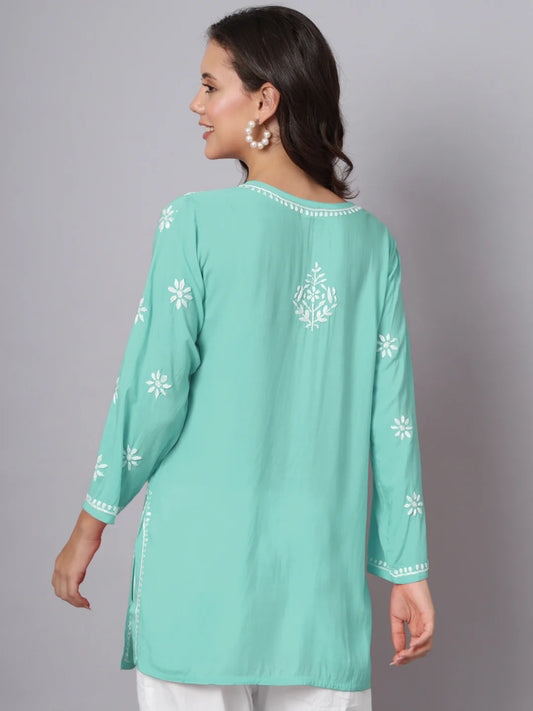 Women Hand Embroidered Chikankari Modal Kurti-AL3611 Seagreen