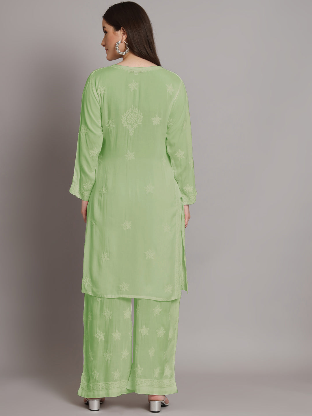 Hand Embroidered Chikankari Modal Kurta with Palazzo- AL3662KS Green